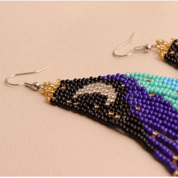 Moon Boho Seed Bead Tassel Dangling Statement French Wire Hook Earrings - Picture 7 of 9